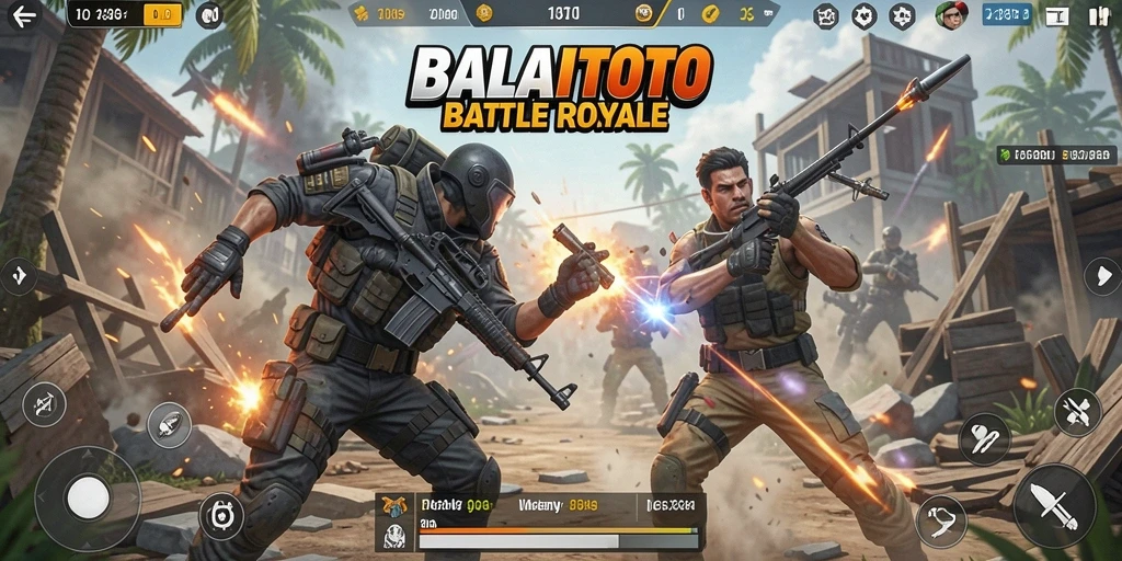 Screenshot gameplay BALAITOTO menunjukkan aksi seru pertarungan Battle Royale.