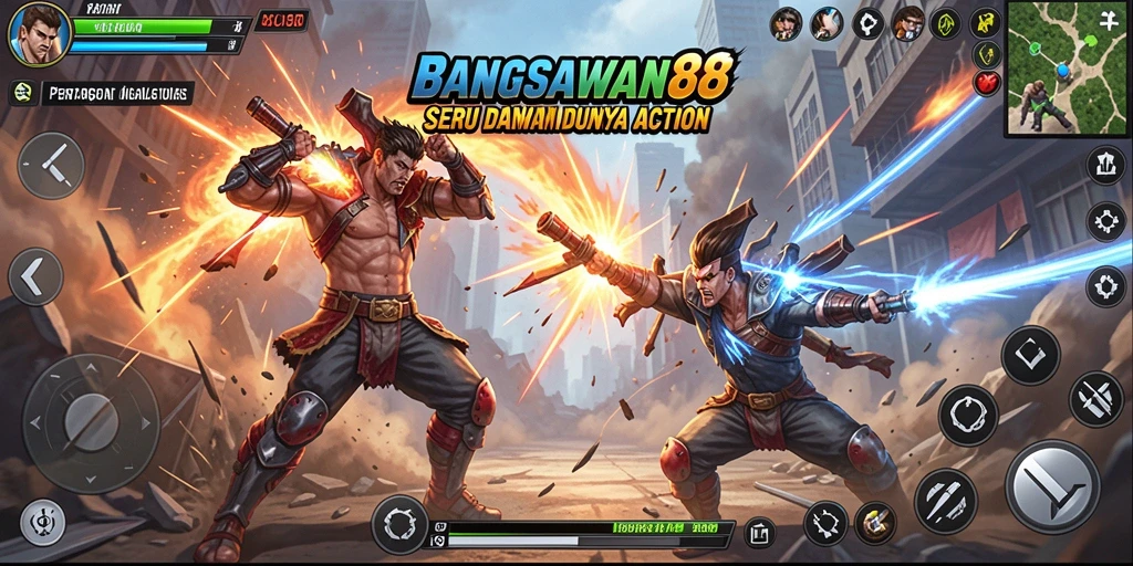 Screenshot gameplay BANGSAWAN88 yang menampilkan pertempuran seru.