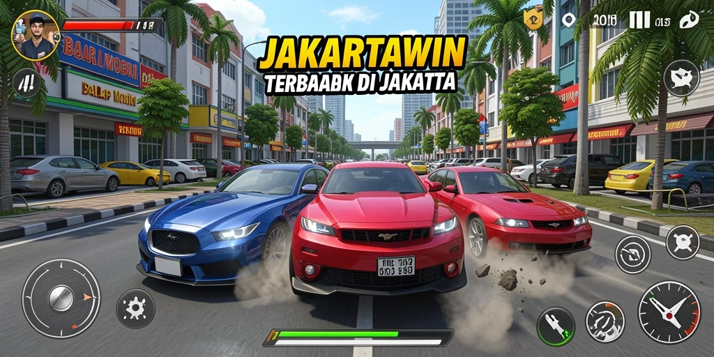 Screenshot menunjukkan aksi balap mendebarkan dalam JAKARTAWIN.