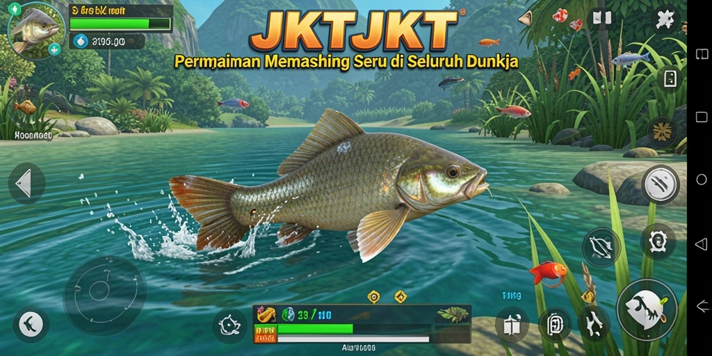 Screenshot gameplay JKTJKT menampilkan aksi memancing yang dinamis dan menarik.