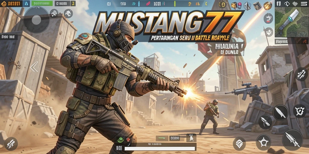 Screenshot utama MUSTANG77 menampilkan pertarungan intens di medan tempur Battle Royale.