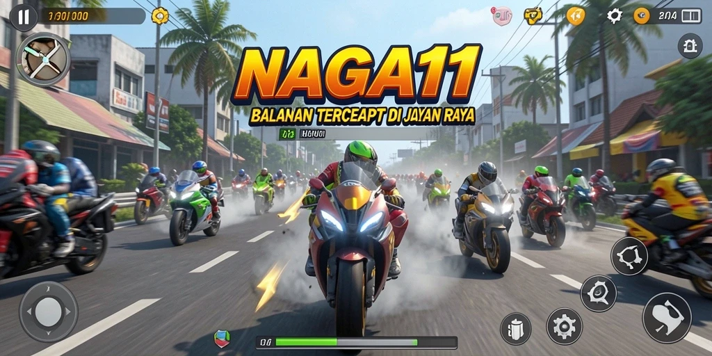 Screenshot utama NAGA11 menampilkan aksi balapan seru di jalan yang berliku.
