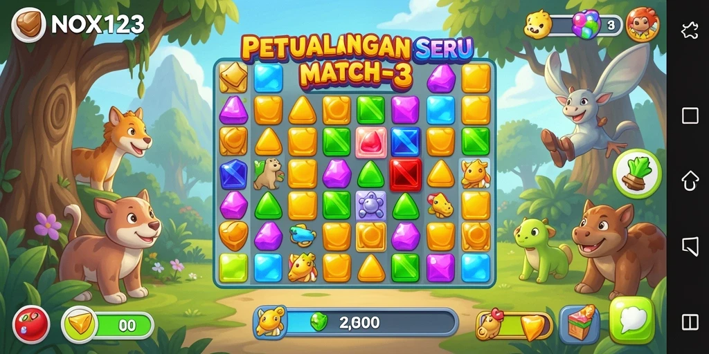 Tangkapan layar utama NOX123 menampilkan gameplay seru dari permainan Match-3.