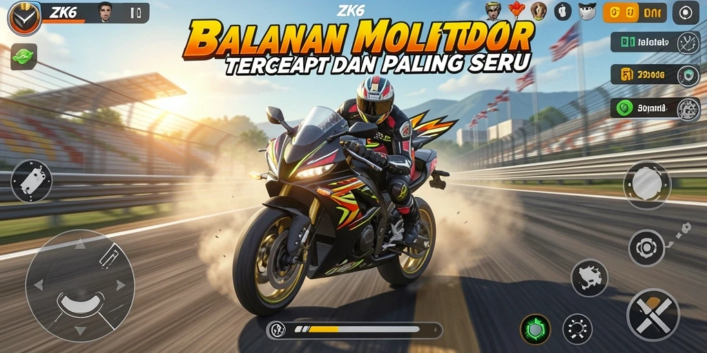 Tampilan screenshot yang menampilkan kecepatan tinggi dalam balapan motor ZK6.
